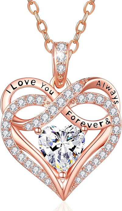 Infinity Rose Gold Valentines Heart Birthstone Necklace for Women,I Love You Always and Forever Jewelry,Valentines Anniversary Birthday Gifts for Her Wife Mom Grandma Daughter