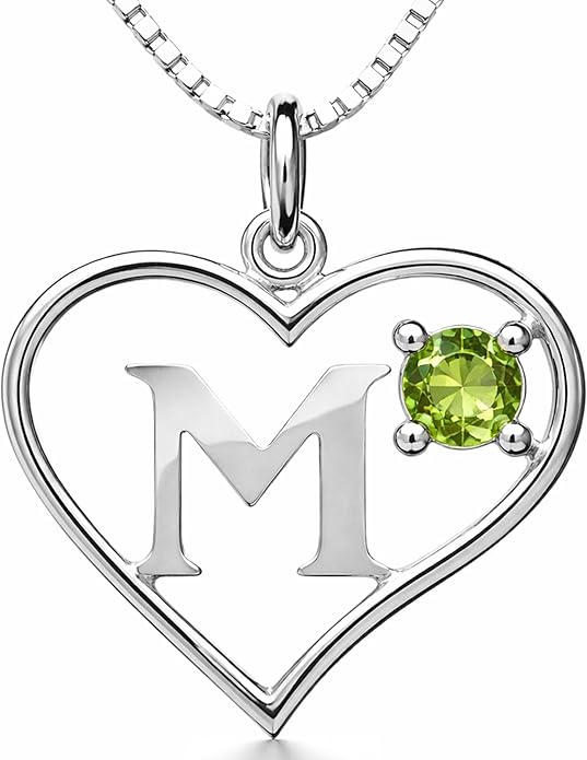 Silver Sterling Necklace Initial Letter A-Z Birthstone for Women – Personalized Custom Jewelry Pendant with Heart Design Customized Dainty Charm for Wife Girlfriend Mom – 18" Box Chain