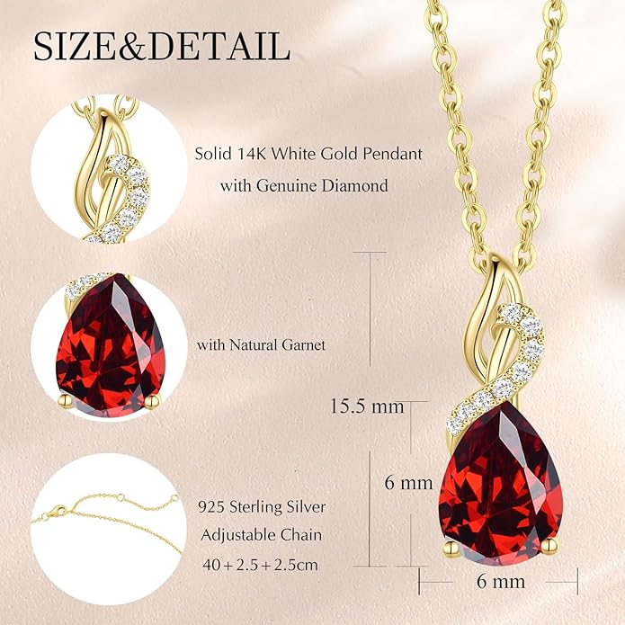 FANCIME Garnet Necklace 14K Solid Yellow Gold Teardrop Pendant with Diamond January Birthstone Necklace Jewelry Gifts for Mom Women