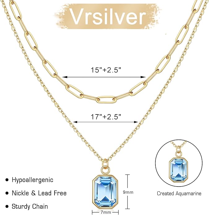 Layered Birthstone Necklace for Women Girls, 14K Gold-Plated Paperclip Chain Choker Necklace with Rectangle Birthstone Pendant Birthday Gifts for Women Girls Dainty Small
