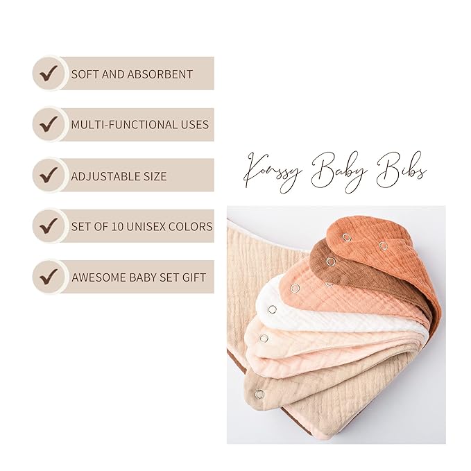 Konssy Muslin Baby Bibs 10 Pack Baby Bandana Drool Bibs 100% Cotton for Unisex Boys and Girls, Soft Absorbent Set for Teething and Drooling