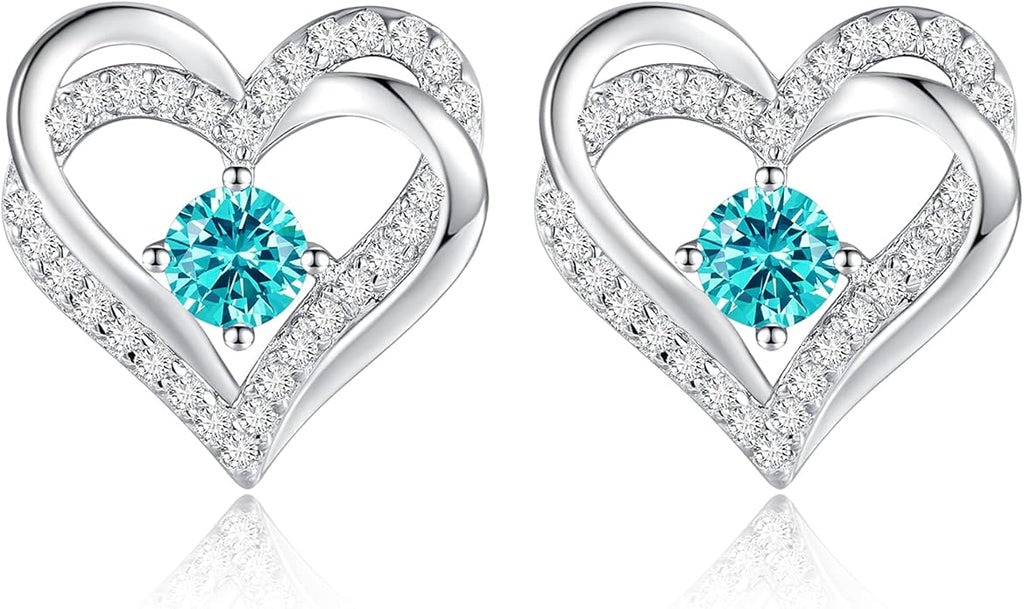 CDE Forever Love Heart Stud Earrings for Women, 925 Sterling Silver Birthstone Heart Stud Earrings Christmas Day Mother's Day Gift Anniversary Birthday Jewelry Gifts for Women Wife Her