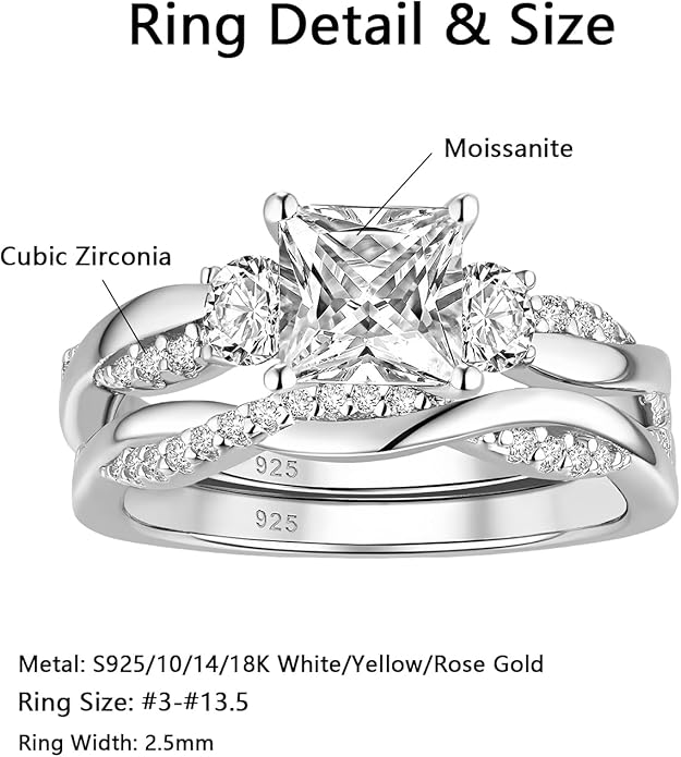 1 to 5 Carat Moissanite Ring Set S925/10K/14K/18K Gold, Princess Cut VVS1 Clarity D Color Moissanite Engagement Rings Set Luxury Bridal Jewelry Wedding Gifts for Women