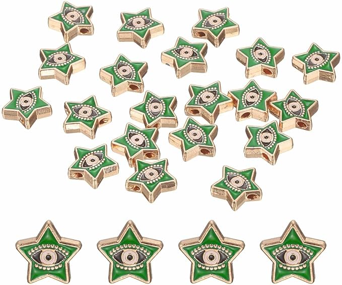 MECCANIXITY 20 Pcs Star Evil Eye Beads Colorful Flat Loose Spacer Evil Eye Charms for DIY Bracelet Earrings Necklace Crafts Jewelry Making, Green