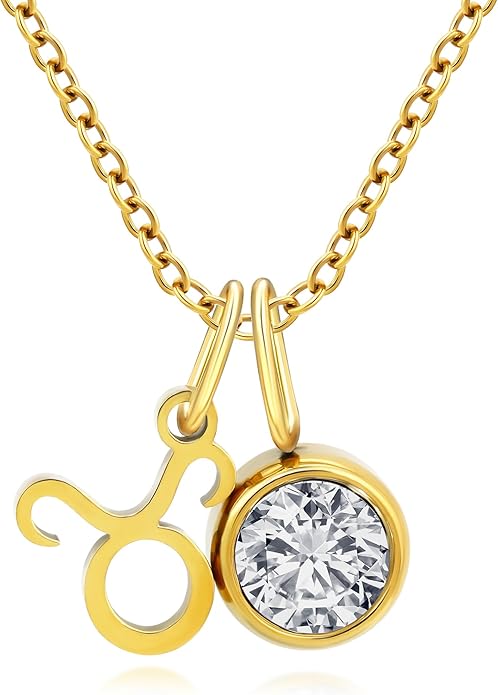 MISS RIGHT Initial Birthstone Necklace for Women - Personalized Gifts Birthday Gifts for Women Stainless Steel 18K Gold Plated Dainty Gold Zodiac Sign 12 Constellation Horoscope Necklace Jewelry