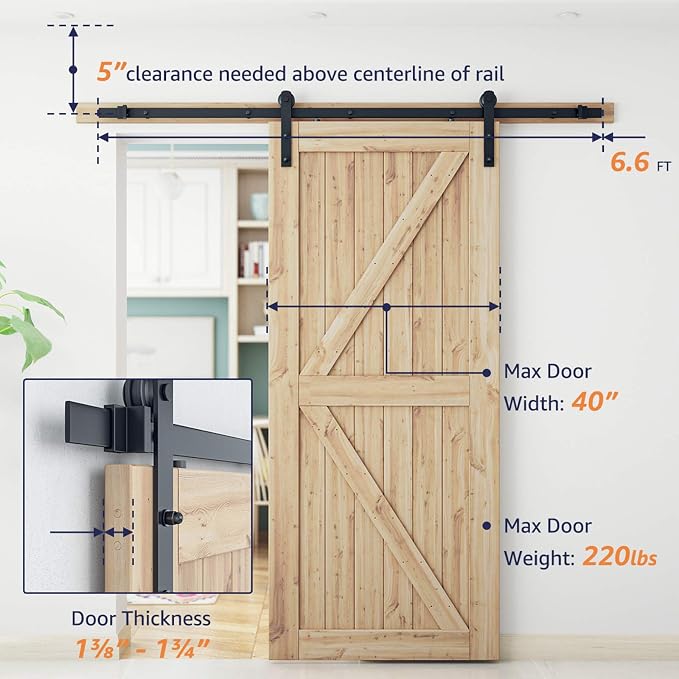 SMARTSTANDARD 6.6ft Sliding Barn Door Hardware kit, Fit 36-40" W Doorpanel | - Image 2