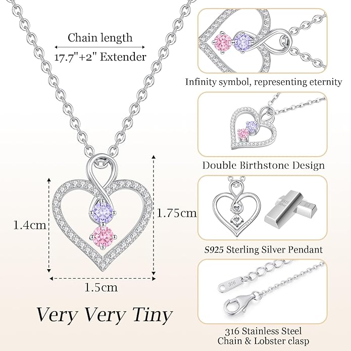 LOUISA SECRET Infinity Double Birthstone Necklace, 925 Sterling Silver Tiny Pendant Heart Necklace for Women Wife Her, Best Jewelry Gift Heart Jewelry Meaningful Gift for Valentine's Day, Christmas, Birthday Anniversary