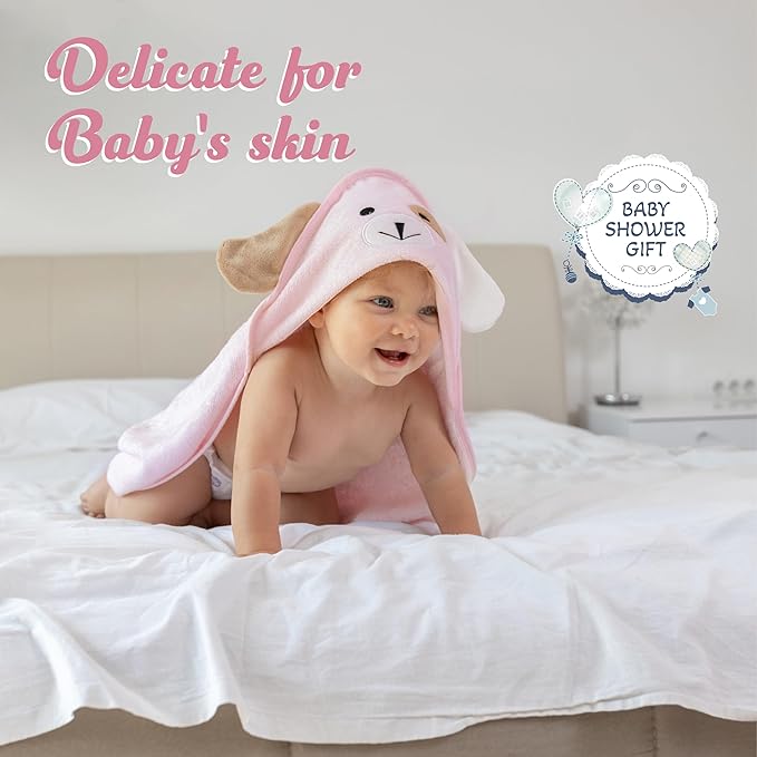 Baby Towels with Hood - Soft, Absorbent Viscose Made of Bamboo, Extra Large 35 x 35 Inches, for Newborns, Infants, Boys and Girls, Pink