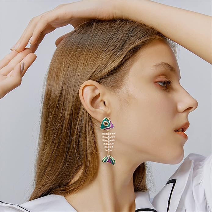Creative Exaggerated Long Colorful Sparkly Crystal Fish Bone Dangle Drop Earrings Vintage Gold Cute Enamel Diamond Animal metal Stud Earrings