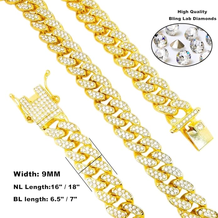 HH BLING EMPIRE 14k Gold/Silver Cuban Link Chain for Women Iced Out Diamond Chunky Cuban Link Necklace Chain Bracelet 2pcs Sets
