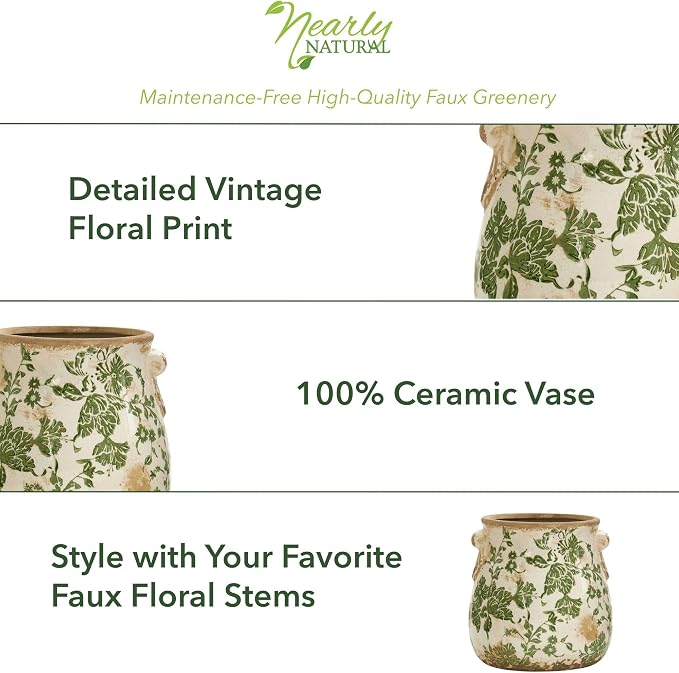 Nearly Natural 6.5 in Tuscan Ceramic Green Floral Scroll Decorative Vase | - Image 4