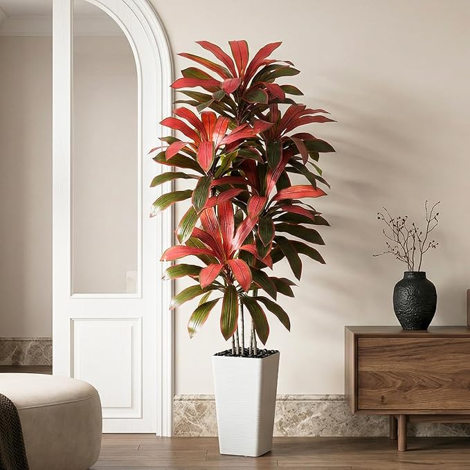 Artificial Dracaena Tree: 5FT Fake Plants Silk Faux Trees（White Pot） | - Image 7