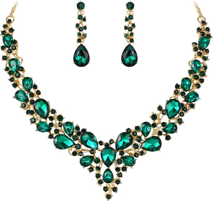 BriLove Women's Wedding Bridal Austrian Crystal Teardrop Cluster Statement Necklace Dangle Earrings Jewelry Set