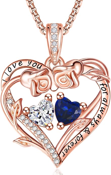 Rose Heart Necklaces for Women, Rose Gold Forever Love Jewelry with 2 Birthstones Pendant,Valentines Anniversarry Birthday Gifts for Her Wife Mom Grandma Daughter, 18+2 Inch Chain