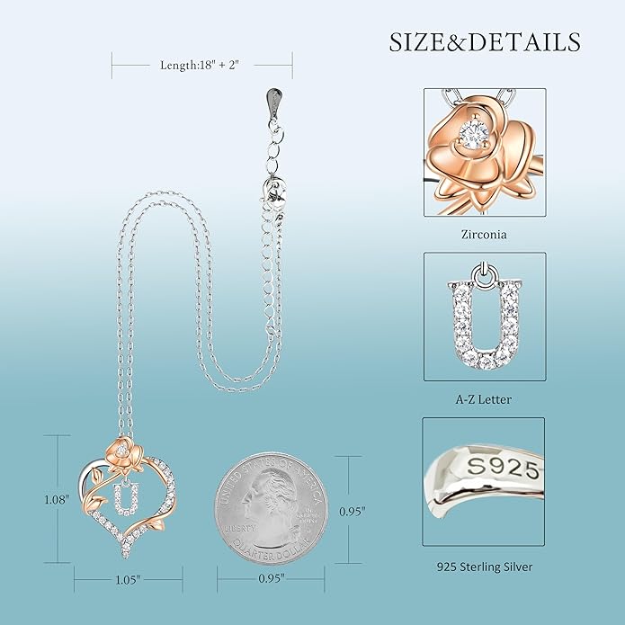 Valentines Day Gifts Rose Heart Letter Initial Necklace for Women, S925 Sterling Silver Pendant Necklace Adjustable Dainty Rose Flower Jewelry Gift for Her