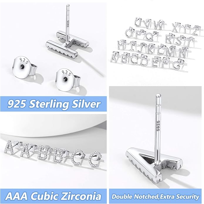 Silver Letter Stud Earrings for Women with Alphabet H Solid Silver Ear Jewelry for Sensitive Ears Wearing
