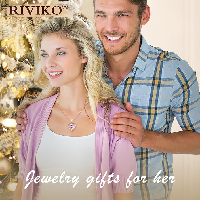 RIVIKO Heart Birthstone Pendant Necklace for Women 925 Sterling Silver Zirconia Necklaces Valentine's Day Anniversary Birthday Mothers Day Jewelry Gifts For Her Mother Wife