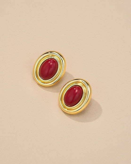 18K gold plated Medium Oval Button Chunky Statement Earrings for Women by SNGIA, (Turquoise, Carnelian, Aventurine, Amethyst, Malachite, Cat Eye, White, Cream) Bold Handmade Colored (Red, Blue, Green, White, Cream, Purple) Exaggerated Dome Retro Rounde...
