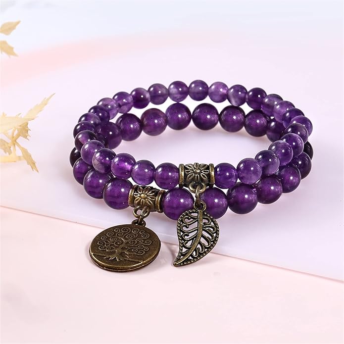 Bivei Natural Semi Precious Gemstone beads bracelet for women - Life Tree and Leaf Charm Energy Reiki Crystal Stretch Bracelets