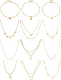 12pcs Chain Gold Bead Necklace Coin Moon Star Pearl Pendant Chain Choker Multilayer Necklace Leather Cord Set for Women Men Adjustable Gold Tone