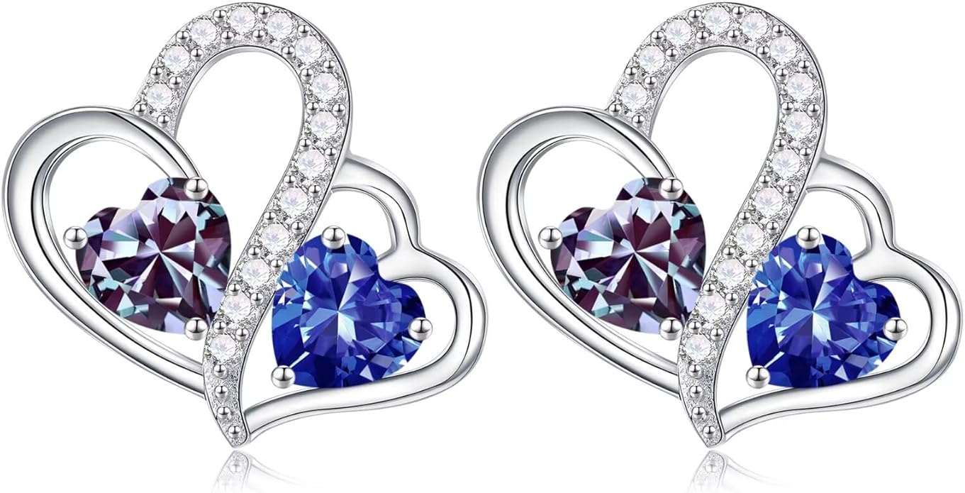 Iefil Valentines Day Gifts for Her - Birthstone Earrings Gift for Women, 925 Sterling Silver Double Heart Birthstone Earrings | Anniversary Birthday Gifts for Women, Personalized Jewelry for Wife Mom