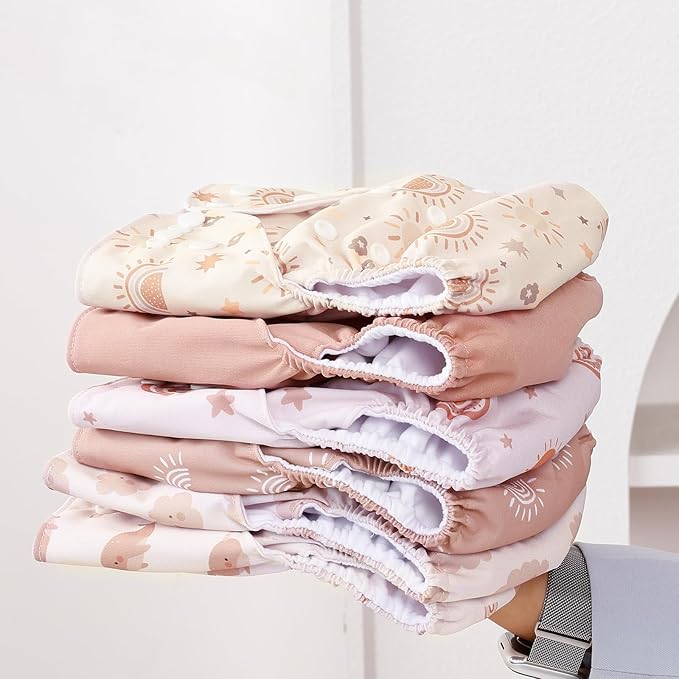 12 Set Reusable Adjustable Cloth Diapers for Newborn to 0-3 Years,One Size Washable Pocket Nappy Covers for Baby Girl and Boy,6 Pack Cloth Diapers+6pcs Microfiber Inserts(Pink)