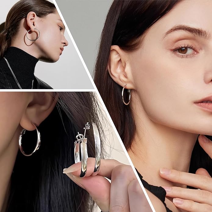 4 Pairs Silver Gold Hoop Earrings for Women | 14K Gold Plated Hoop Earrings Set Hypoallergenic Earring Lightweight Dangle Earrings Set