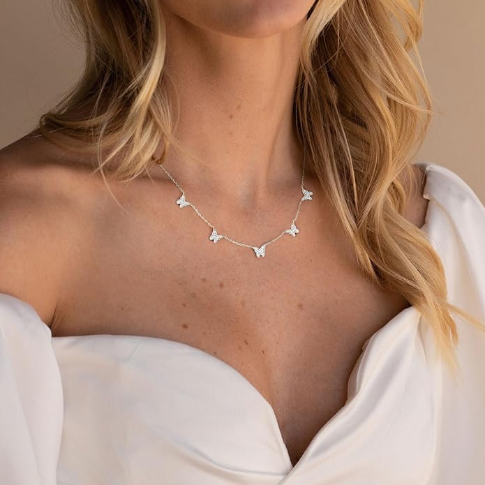 VRIUA Necklaces for Women - 14K Gold/Silver Plated Dainty Chain Necklace with Five Charms: Diamond, Bow, Snowflake, Cross, Flower, Clover, Butterfly, Heart, Star of David, and Star Trendy Jewelry