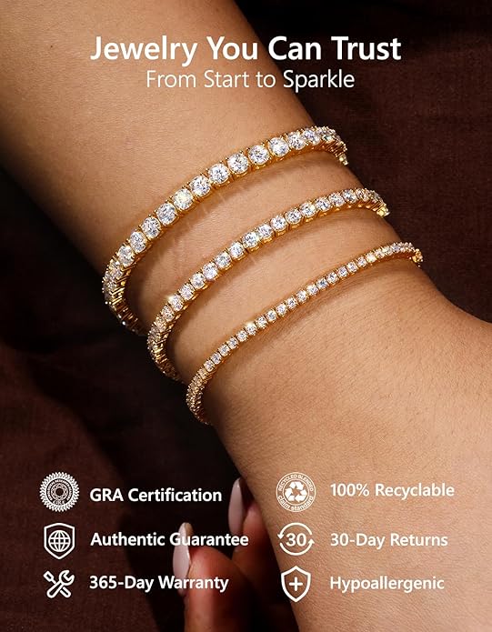 KRKC&CO Moissanite Bolo Tennis Bracelets for Women, 1.6-8.0 ct.tw, Adjustable Length S925 Sterling Silver, Christmas Gifts for Her, Luxury Box, 2/3/4mm D Color VVS1 White/14K/24K/Rose Gold Plated