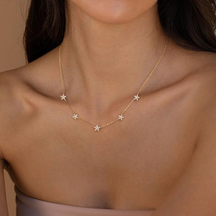 VRIUA Necklaces for Women - 14K Gold/Silver Plated Dainty Chain Necklace with Five Charms: Diamond, Bow, Snowflake, Cross, Flower, Clover, Butterfly, Heart, Star of David, and Star Trendy Jewelry
