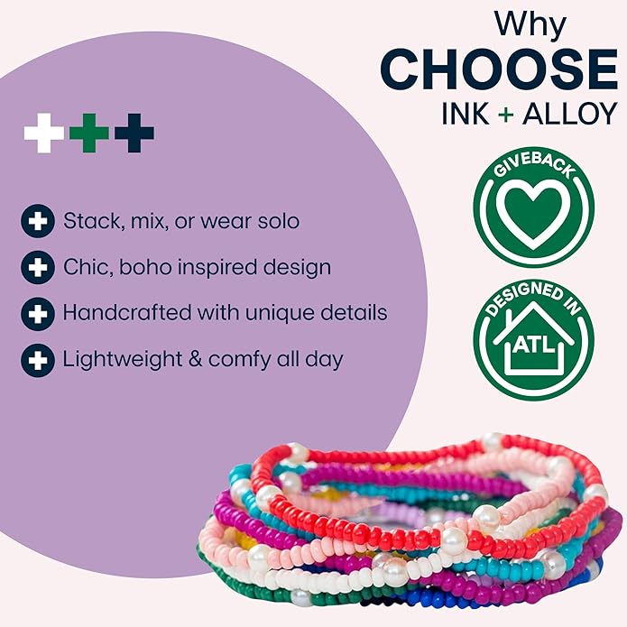 INK + ALLOY 10-Strand Stacking Beaded Bracelets for Women – Mixed Patterns Bracelet Stack - Adjustable Stretch Fit - Handmade Boho Bracelets for Women - Perfect for Any Occasion