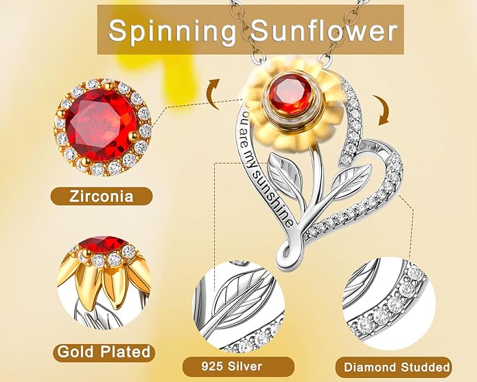 SELENICHAST Spinning Sunflower Necklace,925 Sterling Silver Heart Necklaces,You Are My Sunshine Girlfriend Birthday Jewelry Gifts