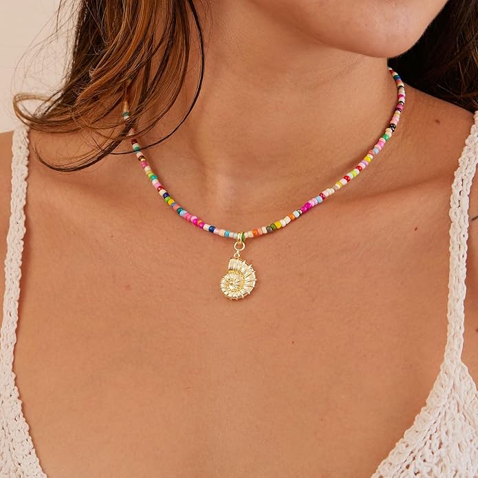 VRIUA Colorful Beaded Necklaces for Women – Summer Beach Boho Starfish, Conch, Shell, Pearl, Palm tree Pendant Necklace Jewelry