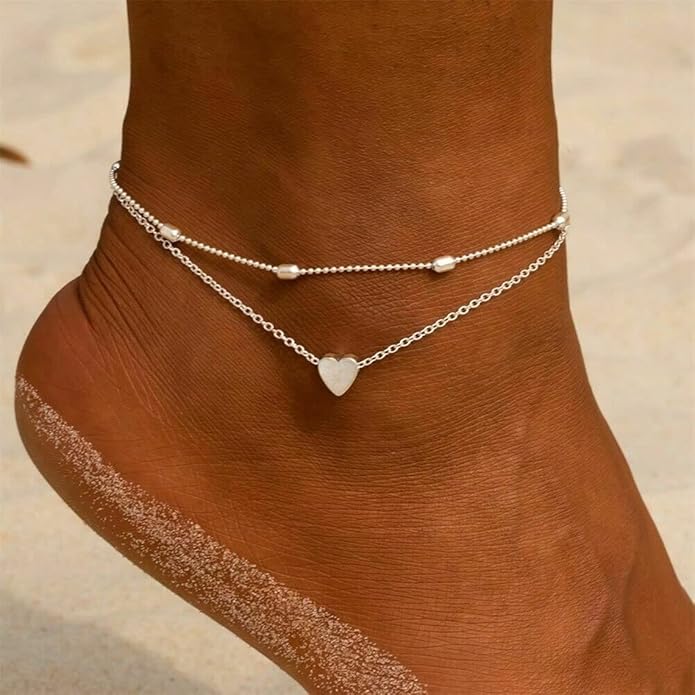 MIDEEO Gold/Silver Ankle Bracelets for Women,14K Gold Anklets for Women Waterproof Cuban Link Heart Beads Herringbone Rhinestone Anklets Set Layered Anklet Bracelets for Women Gold Jewelry Gift