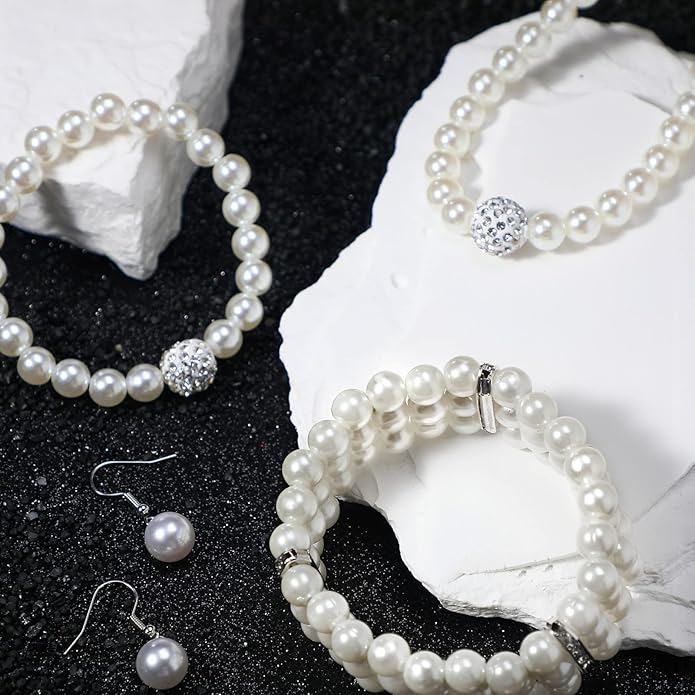 Glenmal Pearl Rhinestone Jewelry Set for Women Pearl Necklace Bracelet Earrings for Wedding Birthday Bridal Shower Tea Party