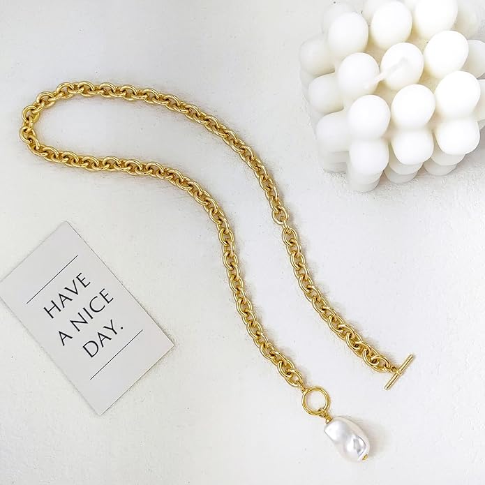 Zeffy 14K Gold/Silver Plated Chunky Thick Chain Toggle Clasp Necklace Dainty Baroque Pearl/Heart/Cross/Turquoise Pendant Necklace