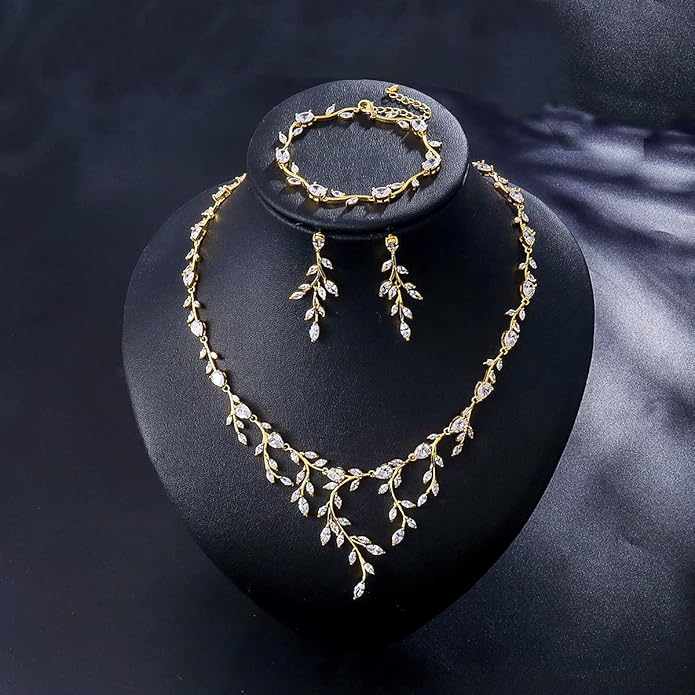 Bridal Wedding Jewelry CZ Set Marquise Teardrop Cubic Zirconia Pendant Necklace and Dangle Earring Bracelet Sets for Women