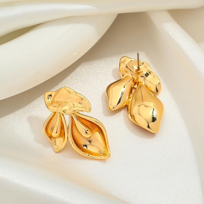 Chunky Gold Statement Earrings For Women Gold Plated Sectored Flower Leaf Shell Angel Wing Earrings Trendy Boho Jewelry For Women Large Stud Earrings Hypoallergenic Earrings