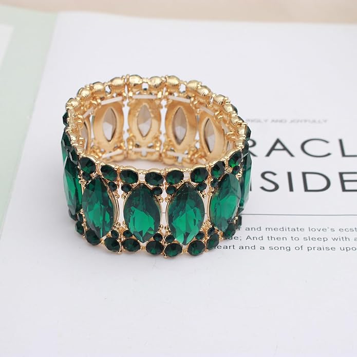 Women’s Elegant Wedding Bridal Crystal Double Row Marquise-Shape Leaf Stretch Bangle Bracelet Bride Jewelry for Women