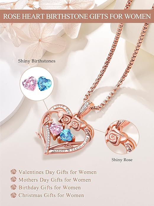 Rose Heart Necklaces for Women, Rose Gold Forever Love Jewelry with 2 Birthstones Pendant,Valentines Anniversarry Birthday Gifts for Her Wife Mom Grandma Daughter, 18+2 Inch Chain