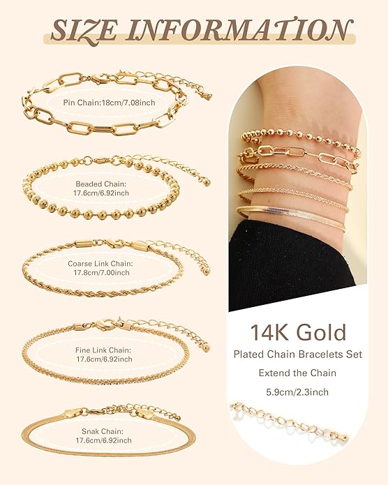 Gold Bracelets for Women, 14K Gold Plated Chain Bracelets Set for Women, Elegant Adjustable Bracelet Stack Jewelry Gifts for Womens