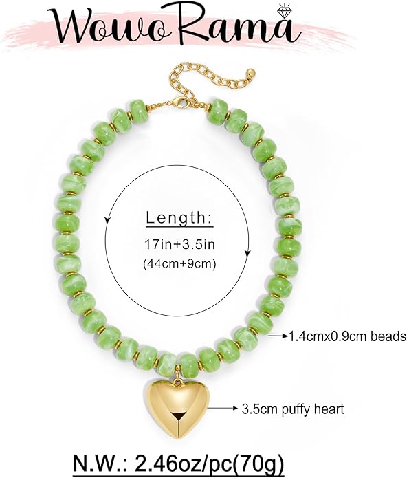 WOWORAMA Chunky Heart Necklaces for Women Colorful Resin Beaded Choker Necklace Gold Puffy Heart Statement Necklace Trendy Acrylic Choker Jewelry