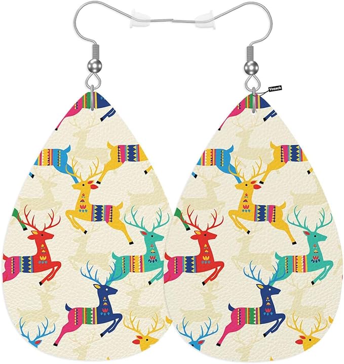 Reindeer Teardrop Earrings For Women Colorful Christmas Deer Dangle Earrings Water Drop Earrings Leather Earrings