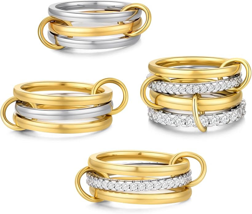 4 Pack Interlocked Stackable Rings for Women - 14K Gold Plated Statement 4 Mixed Metals Multi Ring Stack - Cubic Zirconia Two-Toned Connected Bands Stacking Jewelry