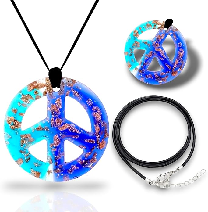 BESHEEK Murano Inspired Peace Sign Blown Glass Lampwork Art Pendant Necklace for Women Handcrafted Artisan Hypoallergenic Italian Style Jewelry