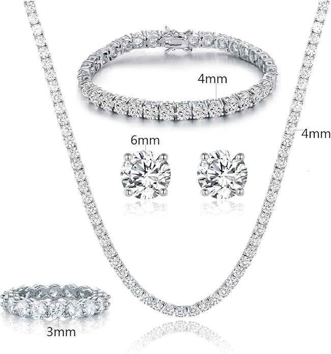 Gemsme 18K White Gold Plated Tennis Necklace/Bracelet/Earrings/Band Ring Sets Hypoallergenic Jewelry Pack of 4
