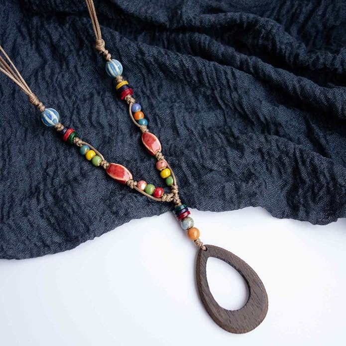 Boho Style Colorful Ceramic Bead Strand Necklace Adjustable Bohemian Jewelry Gift for Women, Fashion Clothing Matching Necklace