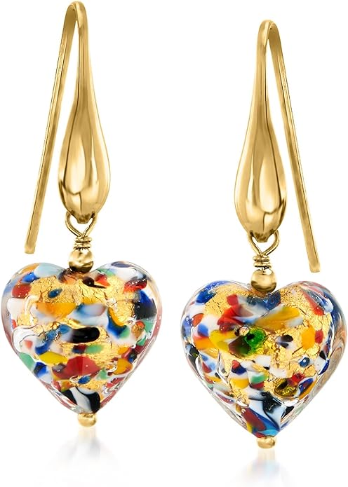 Ross-Simons Italian Murano Glass Heart Drop Earrings in 18kt Gold Over Sterling