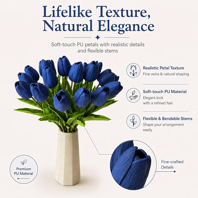 Mandy's 20pcs Artificial Navy Blue Tulips | 13.5 Inch Lifelike PU Tulips Faux - Image 2
