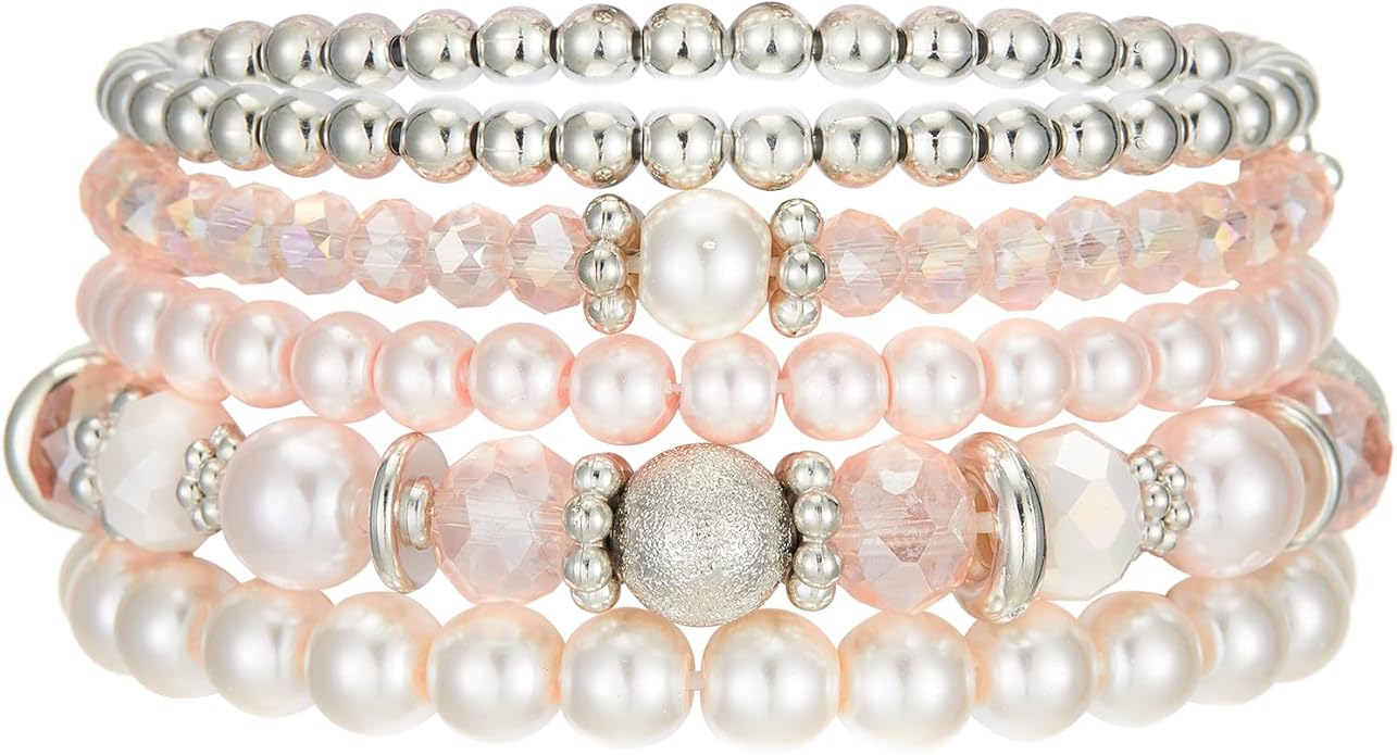 Noessla Beaded Pearl Stretch Bracelet Silver Stackable Crystal Beads Bracelets Trendy Costume Jewelry Mothers Day Gifts for Women